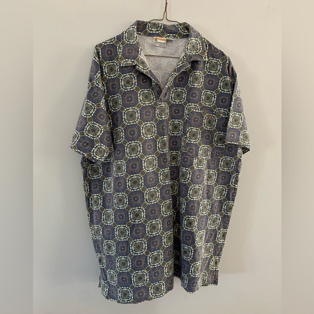 VTG London Fog Funky Retro Pattern Short Sleeve Polo Blue Green Tan Size L